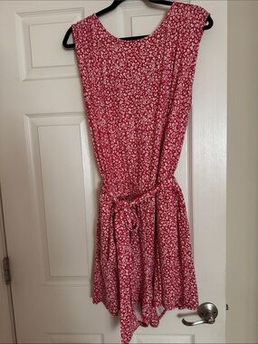 LOFT Red Floral Sleeveless Tie-Waist Romper